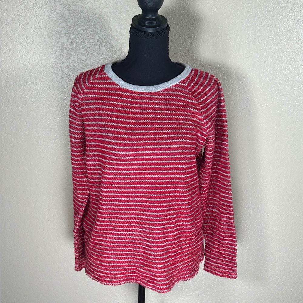 J.Jill 100% Cotton Red And Gray Striped Long Sleeve Shirt Small